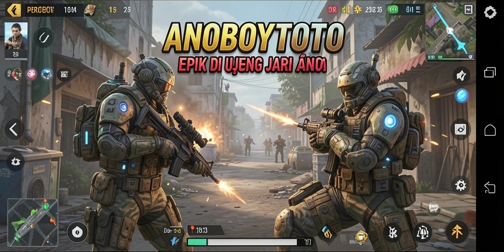 Screenshot gameplay ANOBOYTOTO dengan aksi tembak-menembak yang intens.