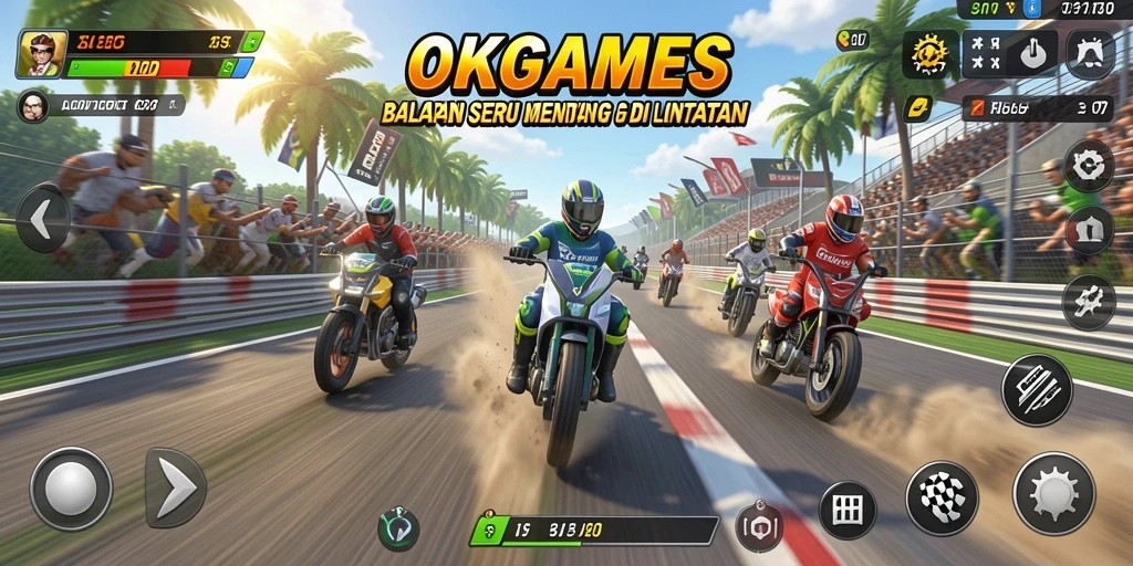 Screenshot menampilkan balapan seru dalam OKGAMES dengan mobil berkecepatan tinggi.