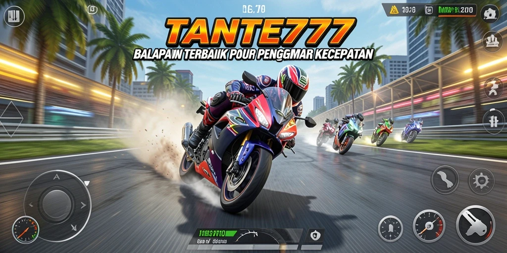 Screenshot TANTE777 menampilkan aksi balapan motor yang intens.